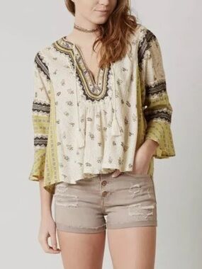Free People Cream Boho Embroidered Peasant Blouse with Yellow Accents